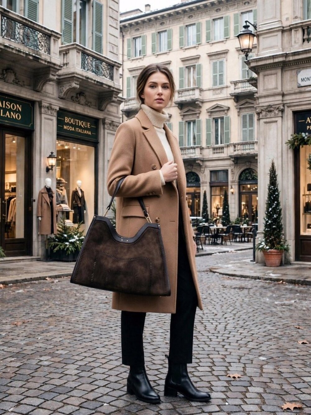 CHEVAL Suede Geo Satchel perforations  w pouch Brown Made In Italy